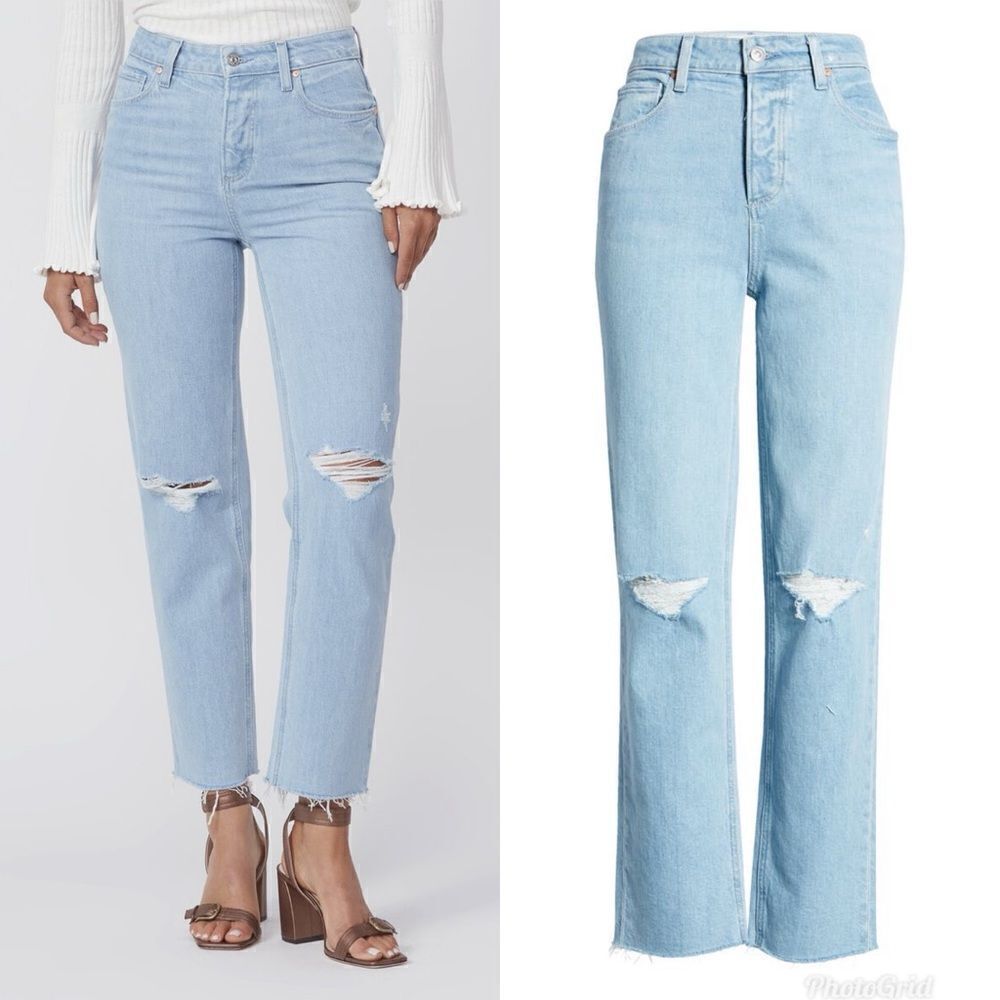 Revolve Paige SARAH STRAIGHT ANKLE High Rise Straight Leg Jeans Crash Destructed